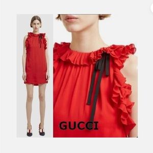Gucci Sleeveless Ruffle Tiered Mini Dress Cocktail Party Red and Black Size 42